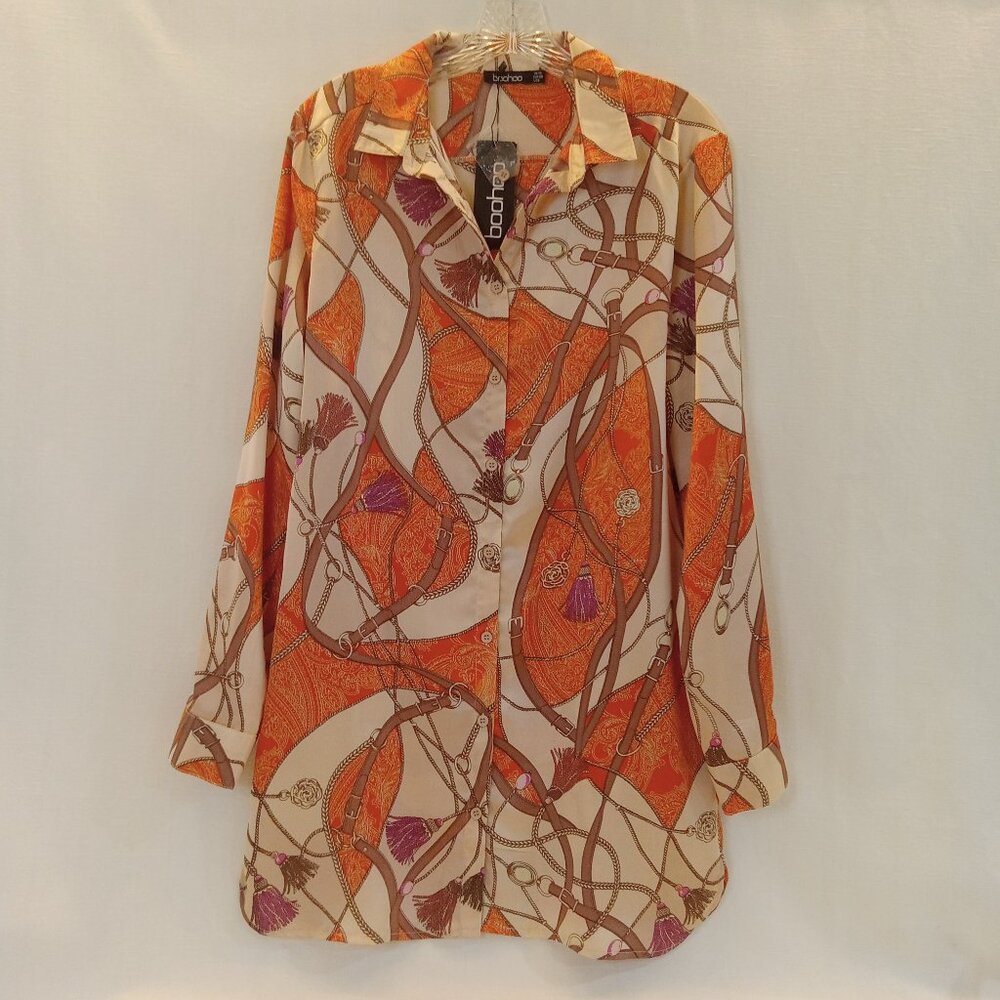 Boohoo Oversized Long Sleeve Button Down Shirtdress US 6 Cream/Orange Multi NWT